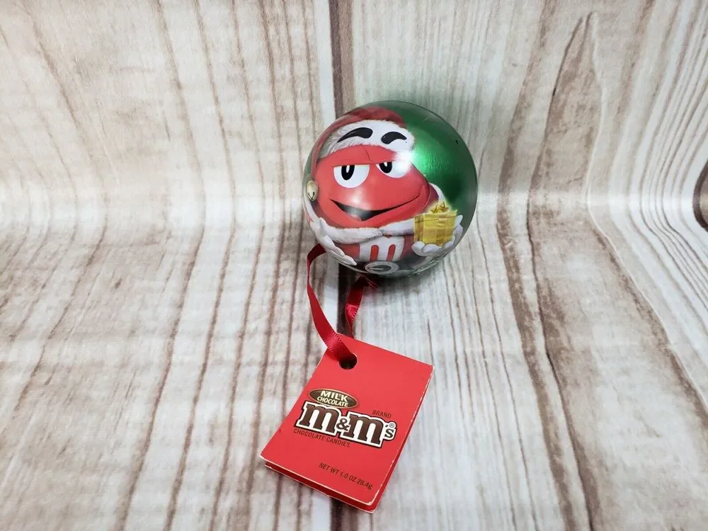 Mars M&M's Candy Round Green Metal Tin Box Container Christmas Ornament